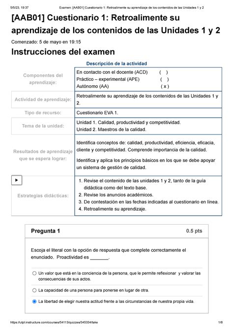 Examen [aab01] Cuestionario 1 Retroalimente Su Aprendizaje De Los Contenidos De Las Unidades 1 Y