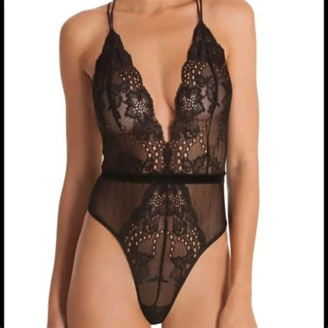 Victoria S Secret Intimates Sleepwear Medium Lace Deep V Teddy Lingerie Black Bodysuit