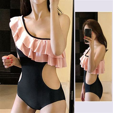 Real Photo Bikini One Piece Beach Swimsuit Off Shoulder Cut Out Ruffles 190105 Imported