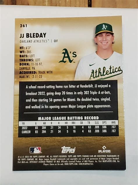 2023 TOPPS STADIUM CLUB JJ BLEDAY RC 261 Oakland A S EBay