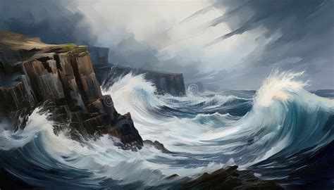 Seascape with Crashing Waves and Jagged Rocks Stock Illustration ...