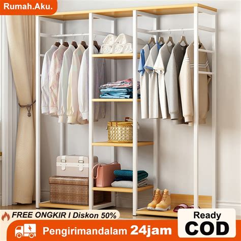 Jual Rak Gantungan Baju Besi Terbuka Rak Baju Kayu 5 Susun Stand Hanger