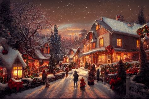 Christmas Winter Scenery With Small Village Decorated For Christmas