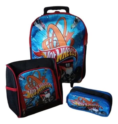 Mochila Escolar Rodinhas Hot Wheels Lancheira Termica Estojo Parcelamento Sem Juros