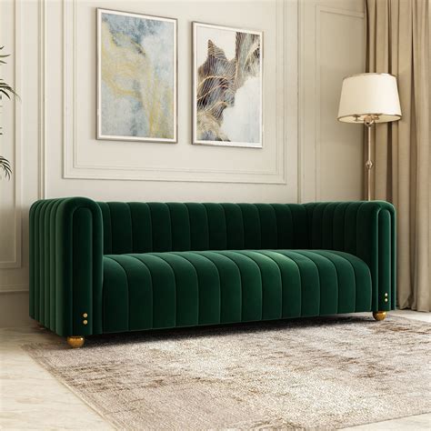buy emerald green velvet couch   wide mid century modern sofa