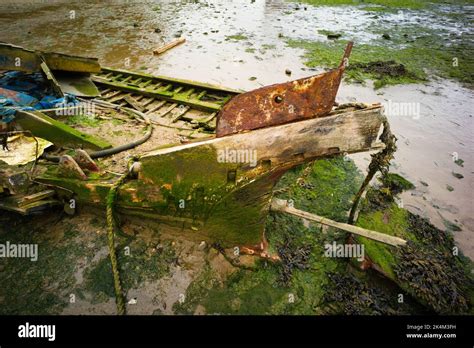 Detail Showing Stern Of Rotting Wooden Boat At Pin Mill Suffolk Stock