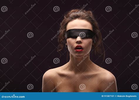 Beautiful Brunette Woman With Black Lace Mask Over Her Eyes Red Lips Open Mouth Concept