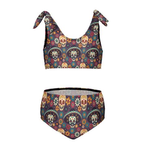Colorful Collection Of Skulls And Flowers Girl S Piece Bikini Set Beach Sport Swimsuit