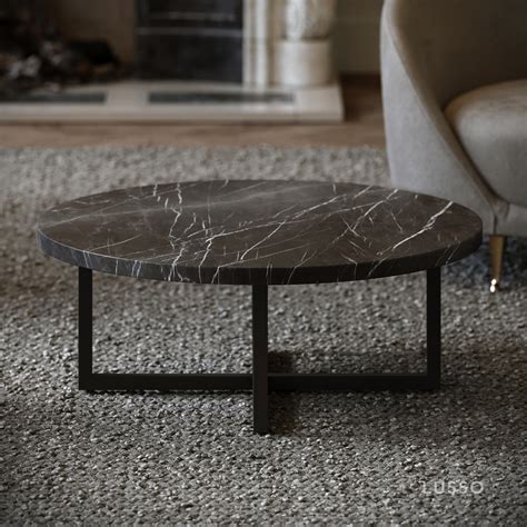 Nazzano Pietra Grey Marble Round Coffee Table With Black Legs Lusso