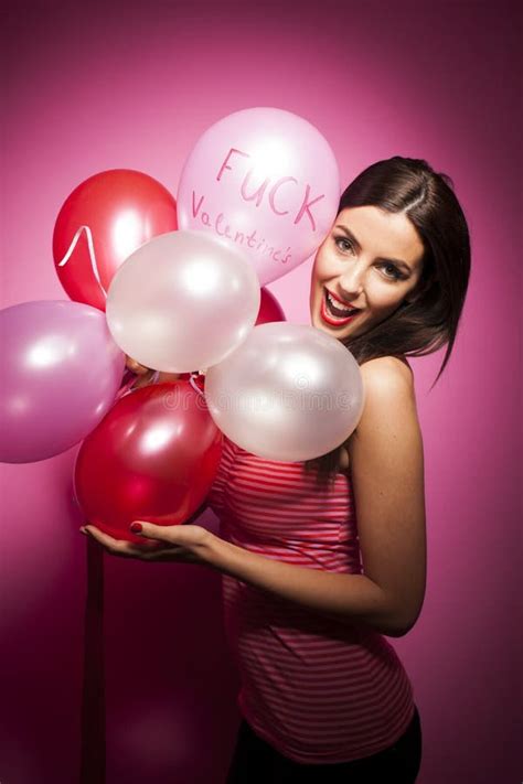 Beautiful Cheerful Woman With Valentines Day Balloon Stock Photo Image Of Brunette Smile