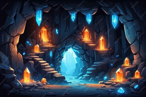 Premium Photo | Cartoon cave with blue crystals on stone walls Vector