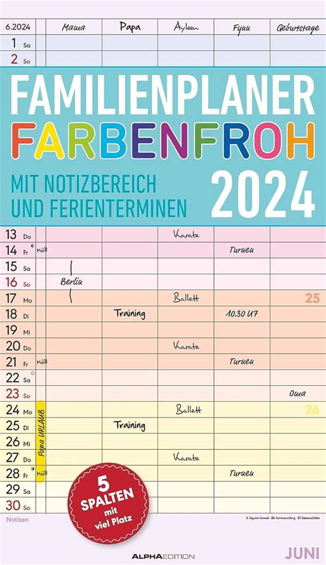 Familienplaner Farbenfroh 2024 Mit 5 Spalten Familienkalender 26x45