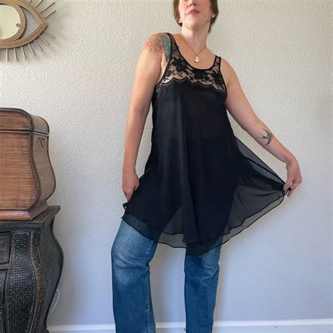 Vintage S Sheer Lingerie Nightgown Black Lace Rosette Short Slip Dress Sz M L Whimsygoth