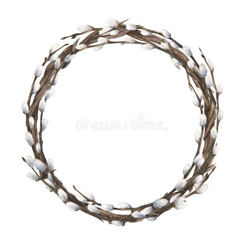Watercolor Easter Illustration Of A Wreath With Pussy Willow Isolated Stock Illustration