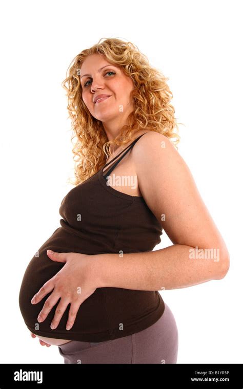 Isolated Portrait Of A Pregnant Woman With Long Blonde Curly Hair Stock Photo Alamy