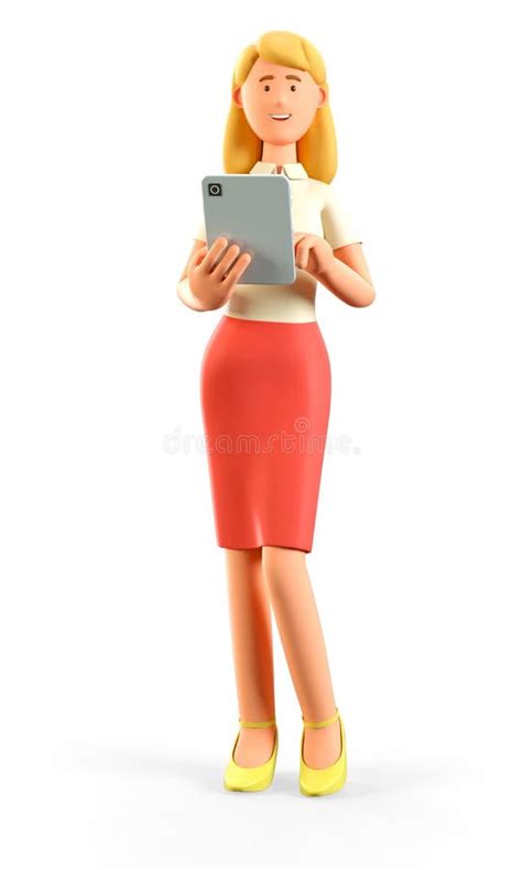 Illustration d De La Belle Femme Blonde Debout Tenant La Tablette Mignon Dessin Animé Souriant