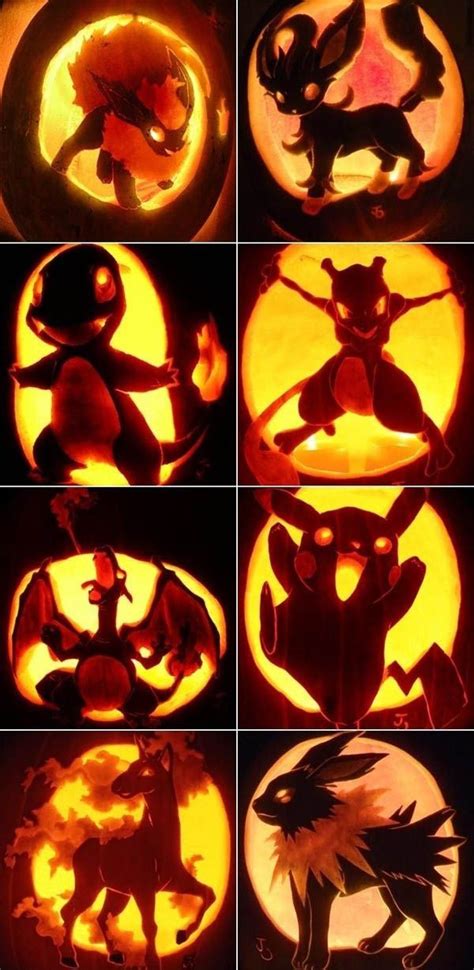 Pumpkin Carvings With Pokemon Silhouettes Carved Into Them All In