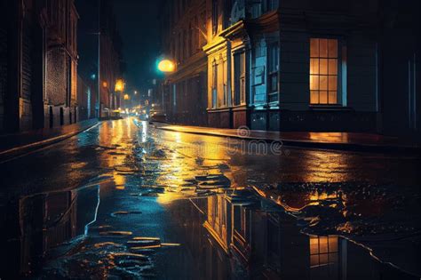 City Street At Night With Headlights And Reflections On The Wet