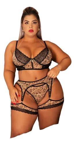 Conjunto Lingerie Plus Size Sensual Cropped Onça Rendado Sex Parcelamento sem juros