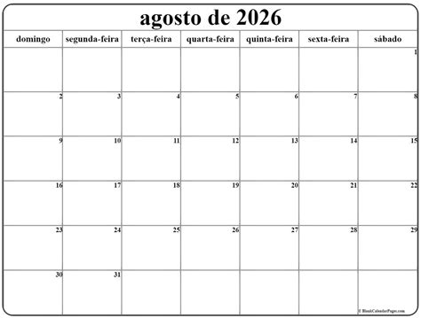 agosto de 2026 calendario grátis em português Calendario agosto