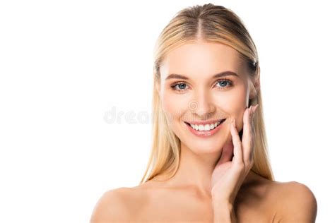 Smiling Blonde Woman With White Teeth Touching Face Isolated On White Stock Photo Image Of