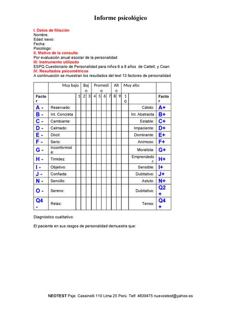 Espq Infome Informe Del Test De Espq I Datos De Filiaci N Nombre