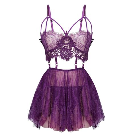 SPORCLO Lingerie For Women Plus Size Sexy Lace Sheer Babydoll See Through Purple Nightdress