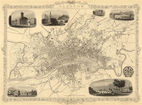 Glasgow map - Old city map of Glasgow with illustrations, sepia tones ...