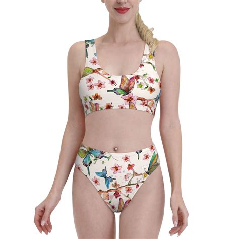 Adobk Watercolor Floral With Butterflies Print Women High Waisted Bikini Set Sports Swimsuit