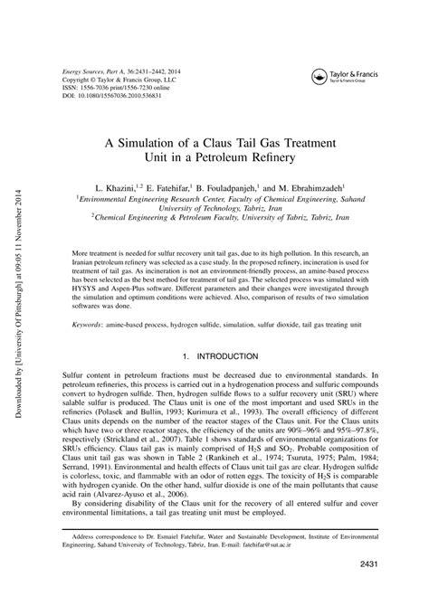 Pdf A Simulation Of A Claus Tail Gas Treatment Unit In A Petroleum