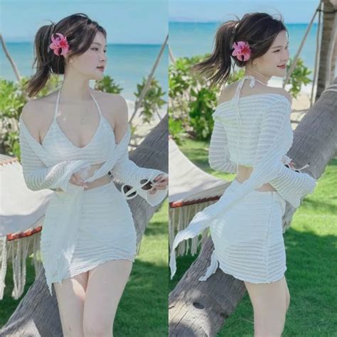 Set Món Bikini Đi Biển Áo Bra Dây Có Đệm Ngực Kèm Chân Váy Ôm Và Áo Khoác Ngoài Cực Xinh