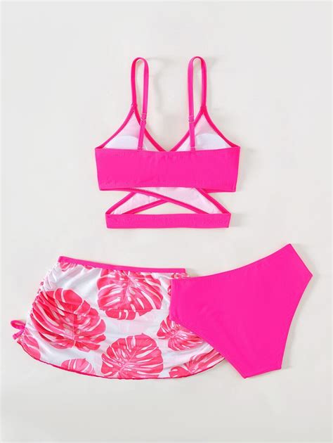 Ensemble Bikini Imprim Tropical Avec Jupe De Plage Pour Fille Pr Adolescente T Plage