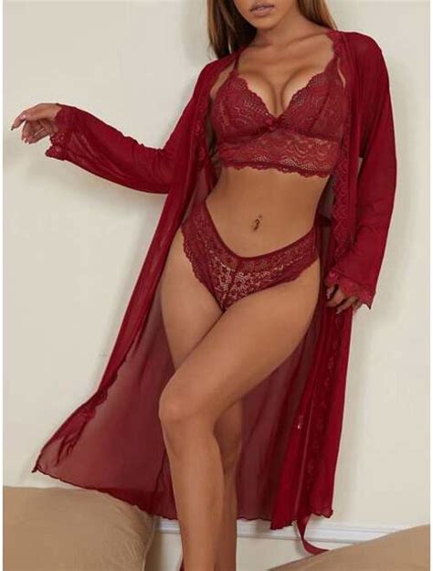 Buy Shein Floral Lace Lingerie Set With Belted Mesh Robe Online