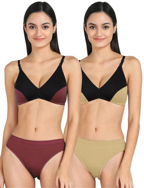 Buy In Curve Women Cotton Bra Panty Set For Lingerie Set Pack Of Color Maroon Yellow