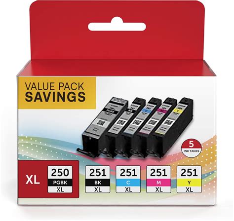 Pgi 250xl Cli 251xl 5 Color Value Pack Compatible For Canon 250 251 Ink Cartridges