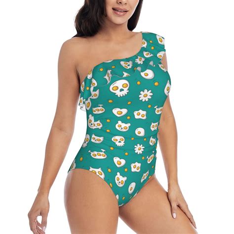 One Piece Swim Suits for Women 2024 - Cute Fried Egg Skull Ruffle