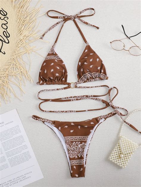 Paisley Triangle Halter Thong Bikini Swimsuit Shein Uk