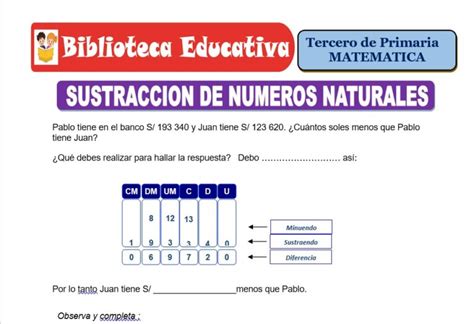 La Sustracci N De N Meros Naturales Para Tercero De Primaria