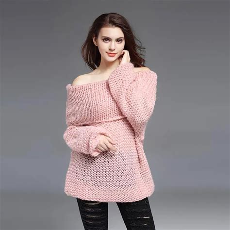 Spring Autumn Lovely Pink Women Sweater Slash Neck Off Shoulder Loose