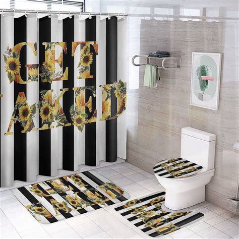 Pcs Get Naked Sunflower Shower Curtain Sets Floral Striped Bathroom Set With Non Slip Rugs Bath