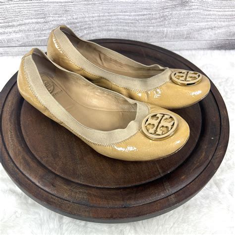 Tory Burch Ballet Flats Women Nude Beige Patent Leath Gem