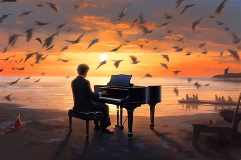 Premium AI Image | a painting of a man playing a piano on a beach