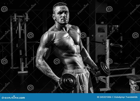 Sporty Exercises Dumbbells Workouts Male Torso With Six Packs Sportsman With Naked Body