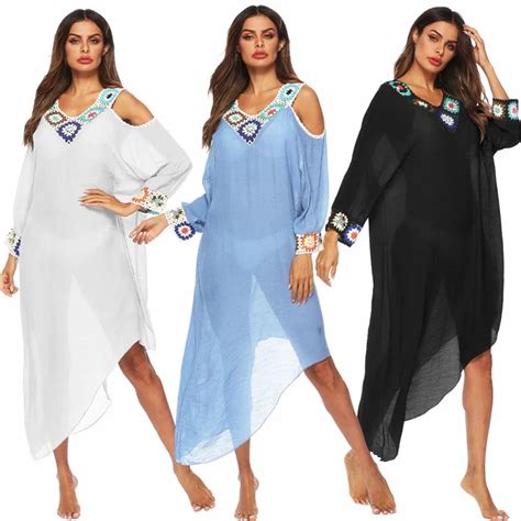 Summer Women Bikini Swimsuit Cover Up Chiffon Long Sleeve Dress Asymmetry White Sundress Sexy