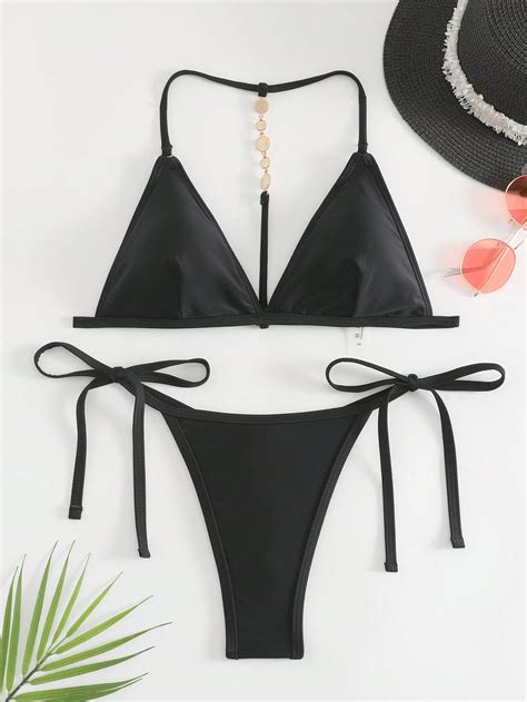 SHEIN Swim SXY Pearl Decor Triangle Cup Knotted Side Thong Bikini Swimsuit Set SHEIN USA