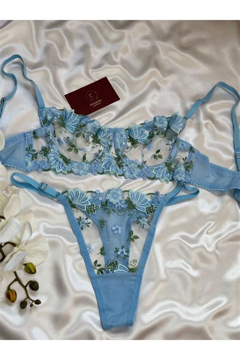 Enchante Lingerie Tenedos Buz Mavisi Sütyen Ve Tanga Takımı Şeffaf