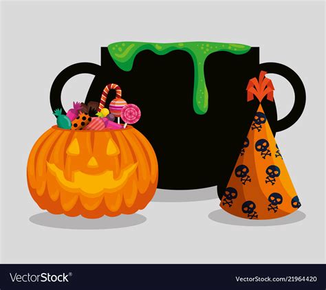 Halloween Card With Cauldron And Pumpkin Vector Image