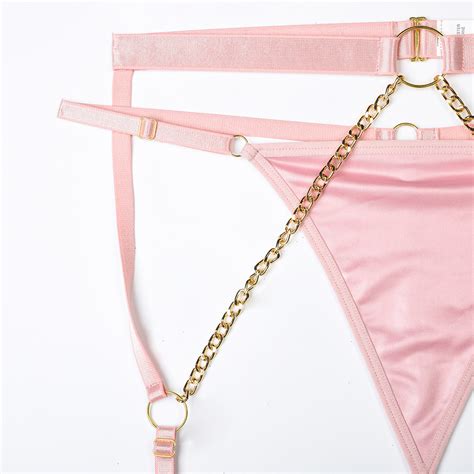 Latex Lingerie Erotic Leather Underwear For Women Halter Bra With Chain Bra And Panty Set Sexy