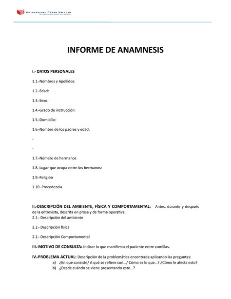 Informe De La Anamnesis Final Informe De Anamnesis I Datos