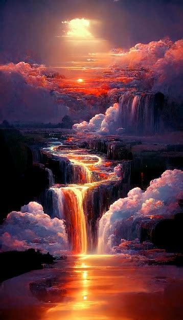 Premium AI Image | Painting of a sunset over a waterfall generative ai